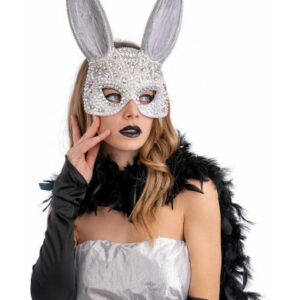 Maschera coniglio grigio argento con piume e cristalli