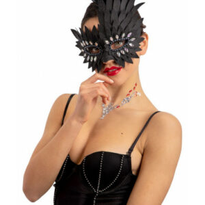 Maschera ecopelle con piume e cristalli colore nero