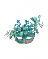 Maschera acquamarina in plastica con decorazioni floreali glitter e farfalle