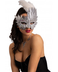 Maschera ecopelle con piume e cristalli colore argento